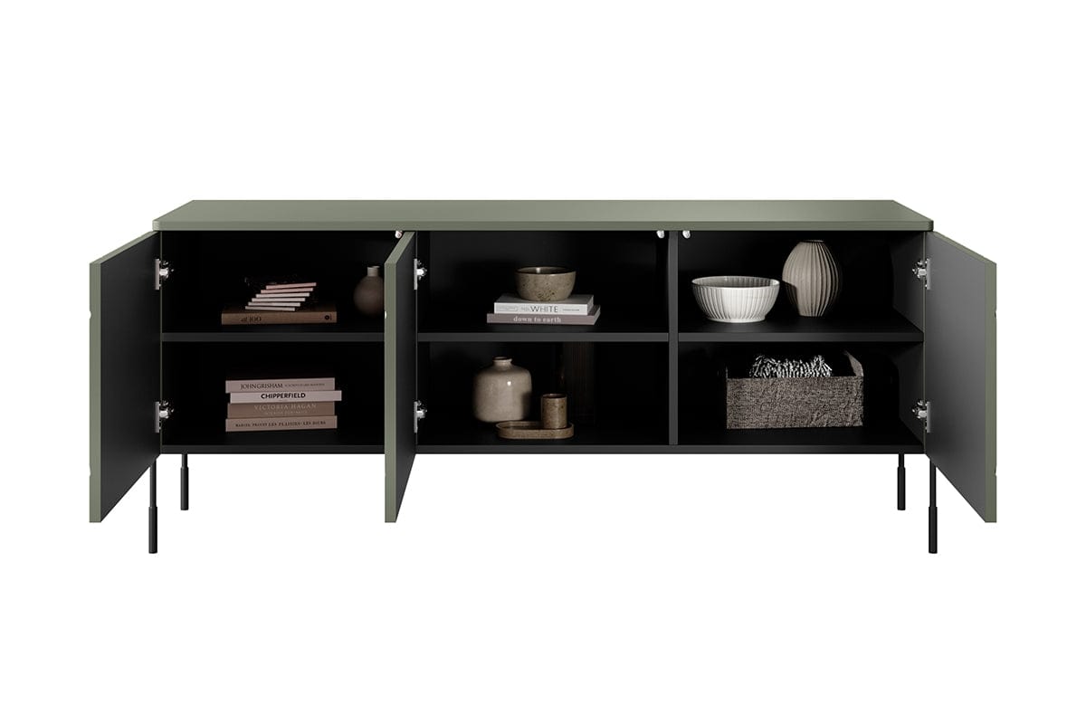 Bogart Comoda TV din MDF si metal, cu 3 usi, Sonatia 150-3D Verde Olive / Negru, l154xA45xH65 cm
