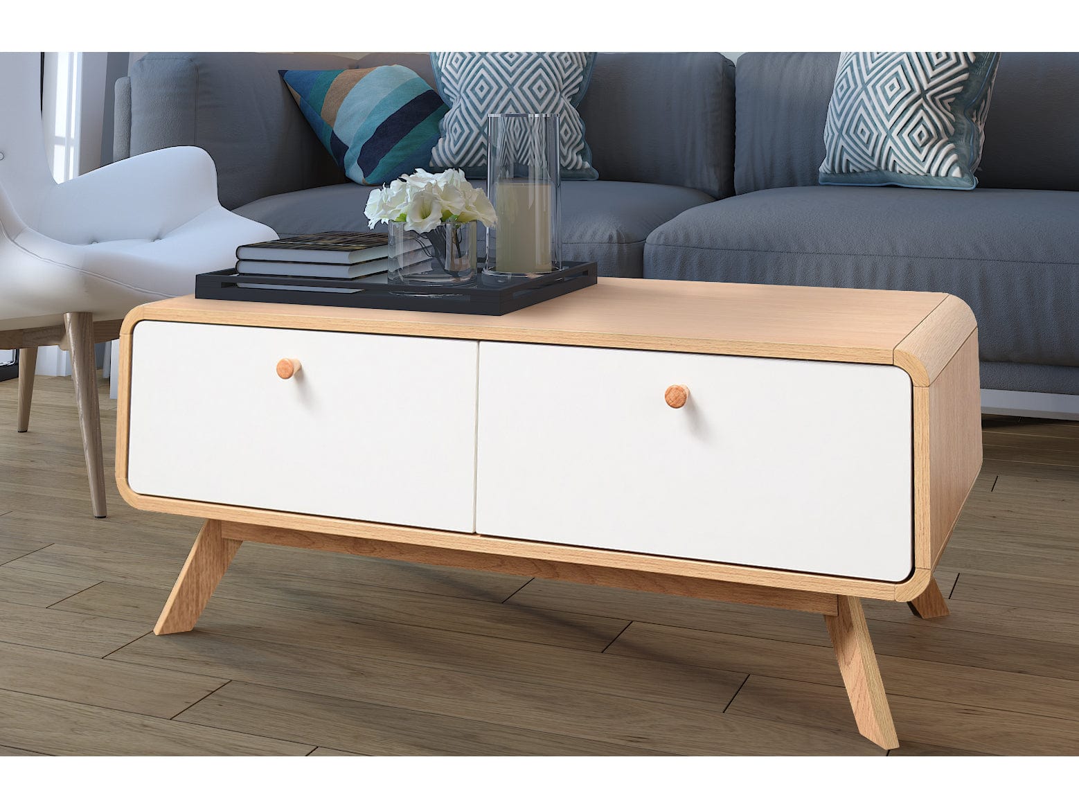 Dorel Home Comoda TV din MDF si pal, cu 2 sertare, Cassie Stejar / Alb, l100xA51xH40 cm