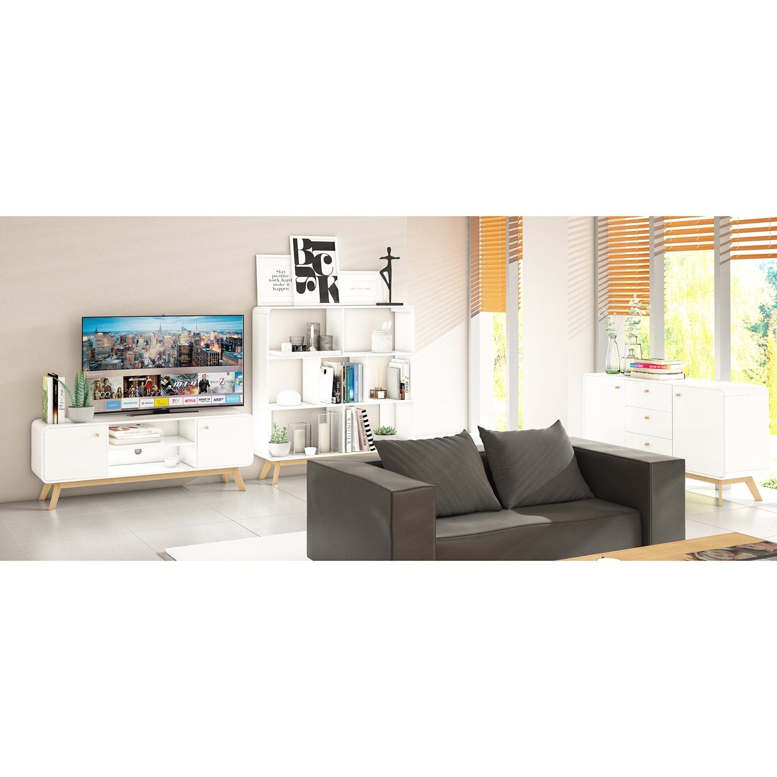 Dorel Home Comoda TV din MDF si pal, cu 2 usi, Cassie Alb / Stejar, l140xA39xH53 cm