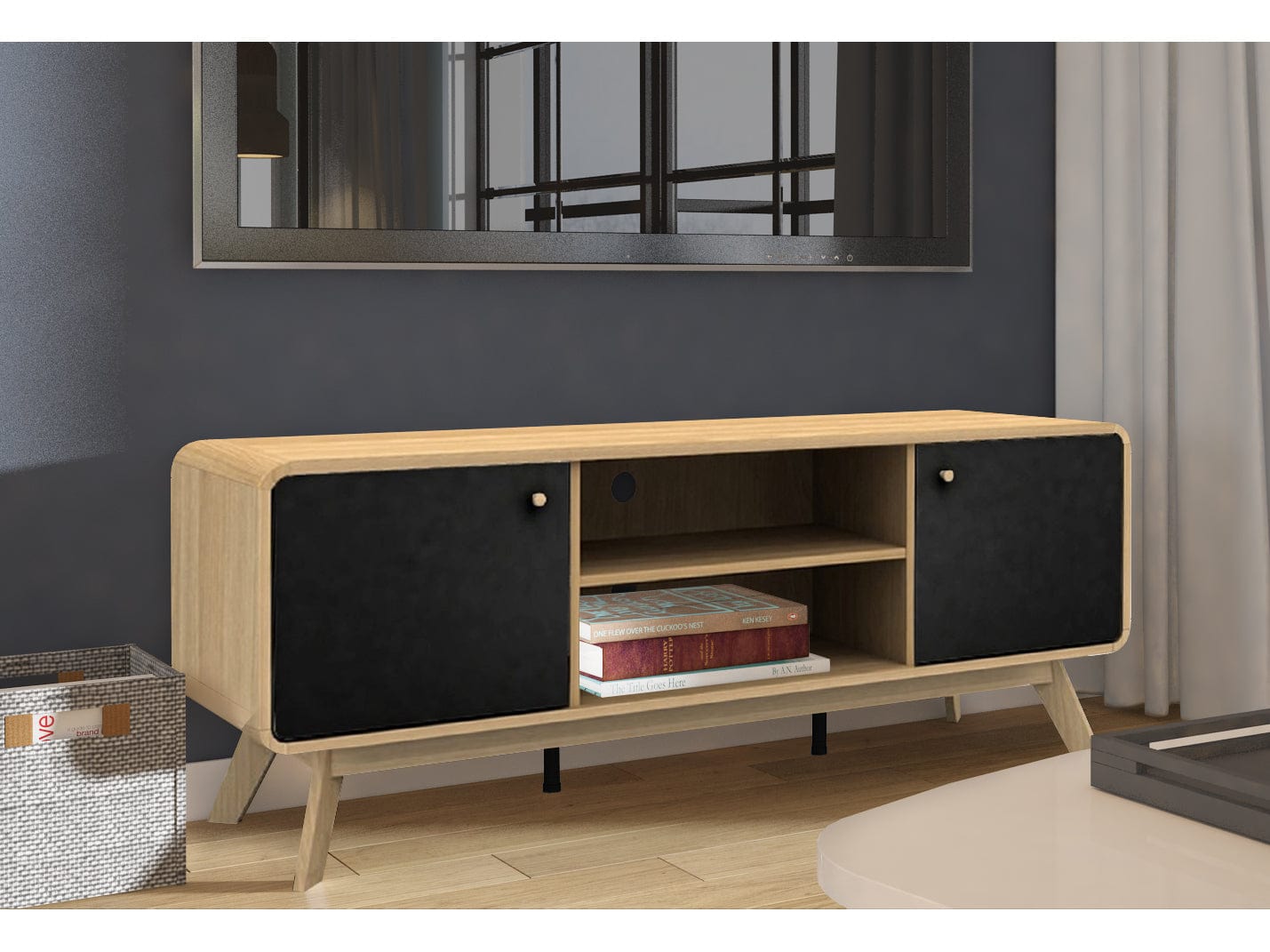 Dorel Home Comoda TV din MDF si pal, cu 2 usi, Cassie Stejar / Negru, l140xA39xH53 cm