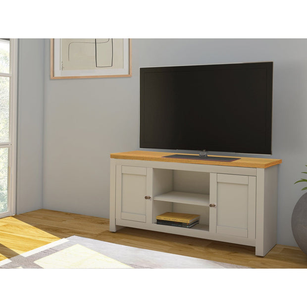 Dorel Home Comoda TV din MDF si pal, cu 2 usi, Emerald Crem / Natural, l120xA39xH58 cm