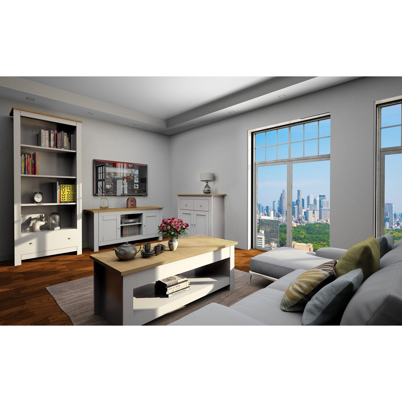 Dorel Home Comoda TV din MDF si pal, cu 2 usi, Emerald Gri / Natural, l120xA39xH58 cm