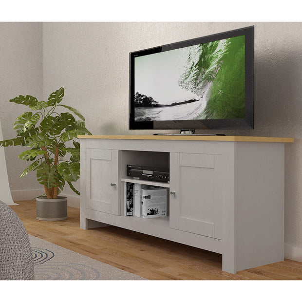 Dorel Home Comoda TV din MDF si pal, cu 2 usi, Emerald Gri / Natural, l120xA39xH58 cm