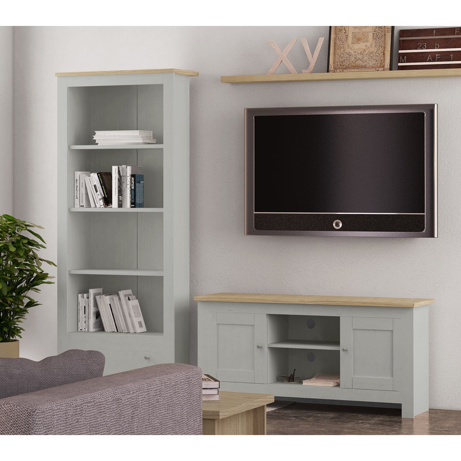 Dorel Home Comoda TV din MDF si pal, cu 2 usi, Emerald Gri / Natural, l120xA39xH58 cm