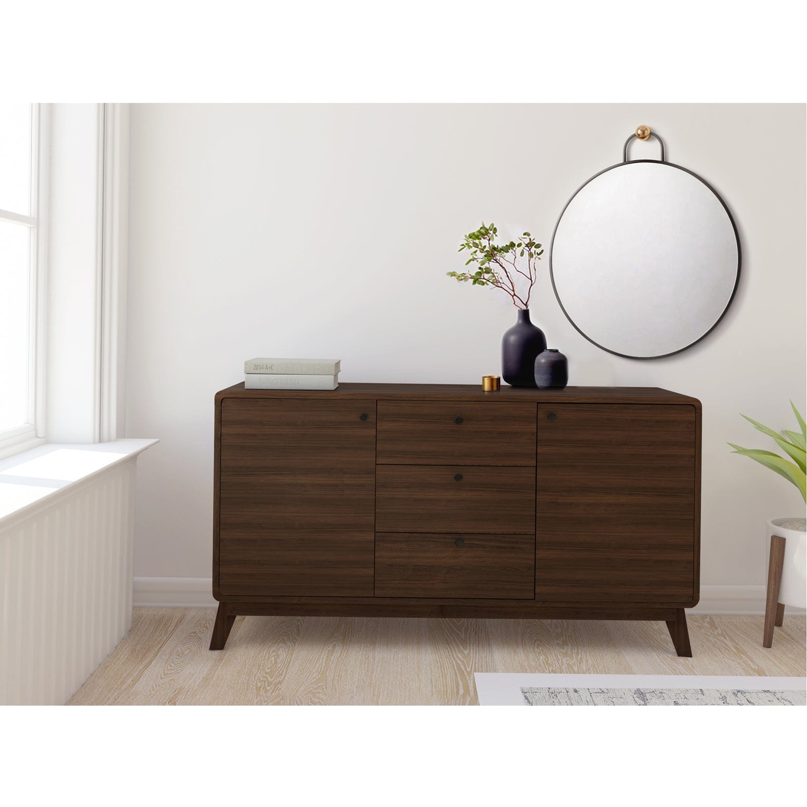 Dorel Home Comoda TV din MDF si pal, cu 2 usi si 3 sertare, Cassie Nuc, l140xA39xH75 cm