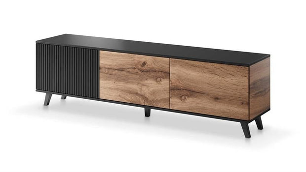 Comoda TV din MDF si pal, cu 3 usi, Randolph RTV-2 Stejar Wotan / Negru, l180xA40xH52 cm
