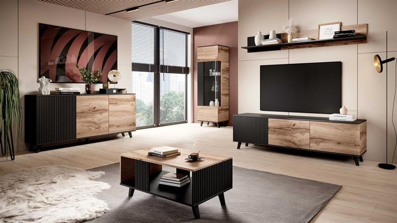 Comoda TV din MDF si pal, cu 3 usi, Randolph RTV-2 Stejar Wotan / Negru, l180xA40xH52 cm (1)
