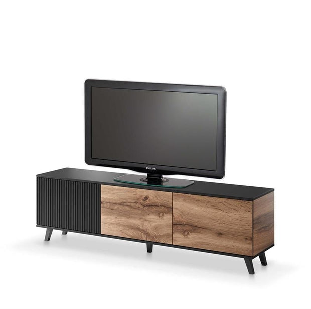 Comoda TV din MDF si pal, cu 3 usi, Randolph RTV-2 Stejar Wotan / Negru, l180xA40xH52 cm (2)