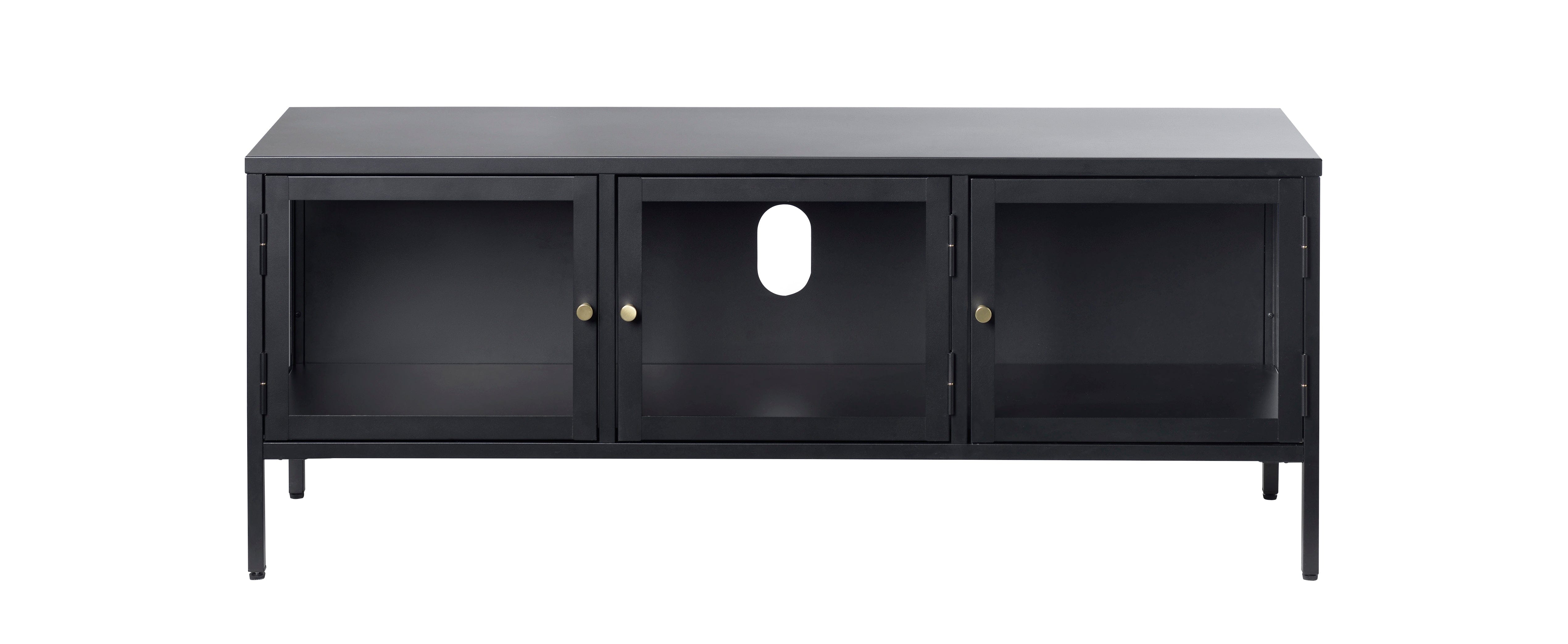Unique Furniture A/S Comoda TV din metal si sticla, cu 3 usi, Carmel Negru, l132xA40xH52 cm