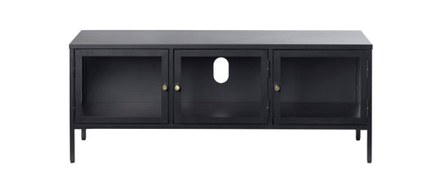 Unique Furniture A/S Comoda TV din metal si sticla, cu 3 usi, Carmel Negru, l132xA40xH52 cm