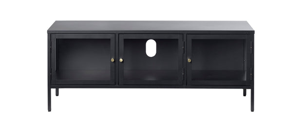 Unique Furniture A/S Comoda TV din metal si sticla, cu 3 usi, Carmel Negru, l132xA40xH52 cm