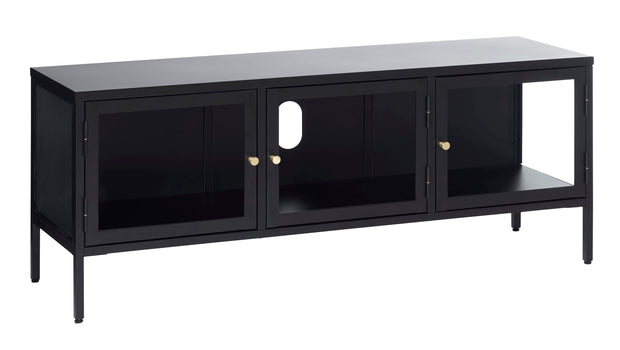 Unique Furniture A/S Comoda TV din metal si sticla, cu 3 usi, Carmel Negru, l132xA40xH52 cm