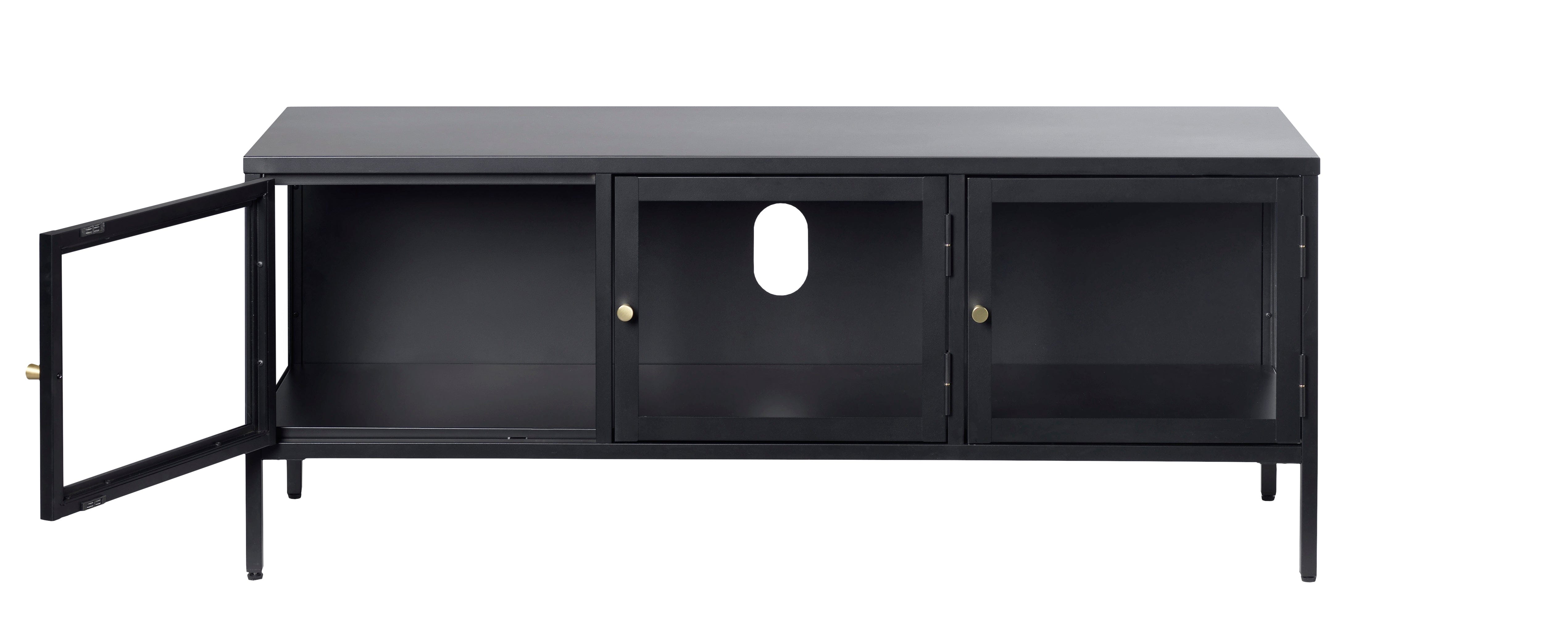 Unique Furniture A/S Comoda TV din metal si sticla, cu 3 usi, Carmel Negru, l132xA40xH52 cm