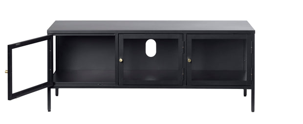 Unique Furniture A/S Comoda TV din metal si sticla, cu 3 usi, Carmel Negru, l132xA40xH52 cm
