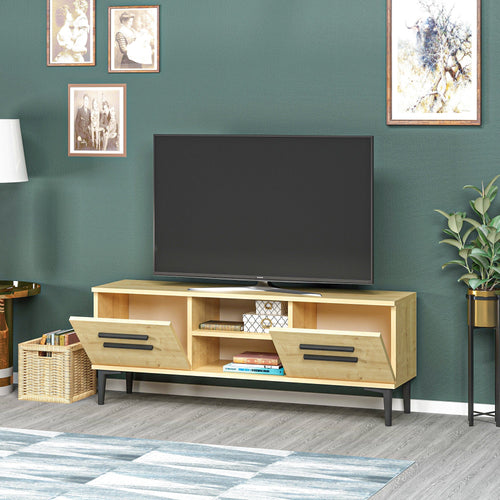 Comoda TV din pal cu 2 usi, View Stejar / Negru, l120xA29,6xH48,2 cm