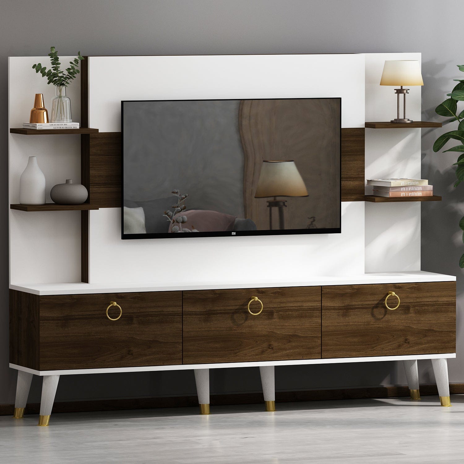 Comoda TV din pal cu 3 usi, Opus Nuc / Alb, l180xA35xH43 cm (1)