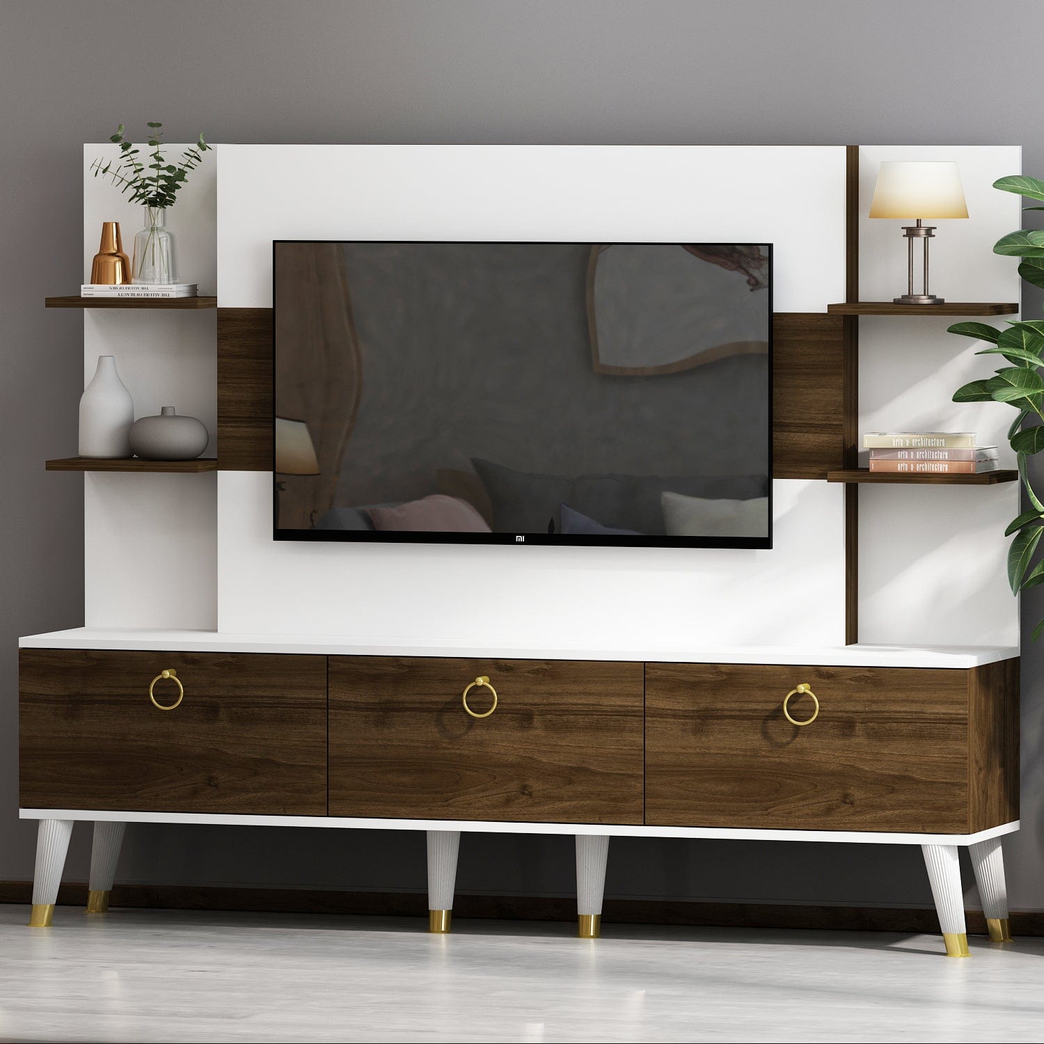 Comoda TV din pal cu 3 usi, Opus Nuc / Alb, l180xA35xH43 cm (2)