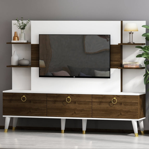 Comoda TV din pal cu 3 usi, Opus Nuc / Alb, l180xA35xH43 cm (2)