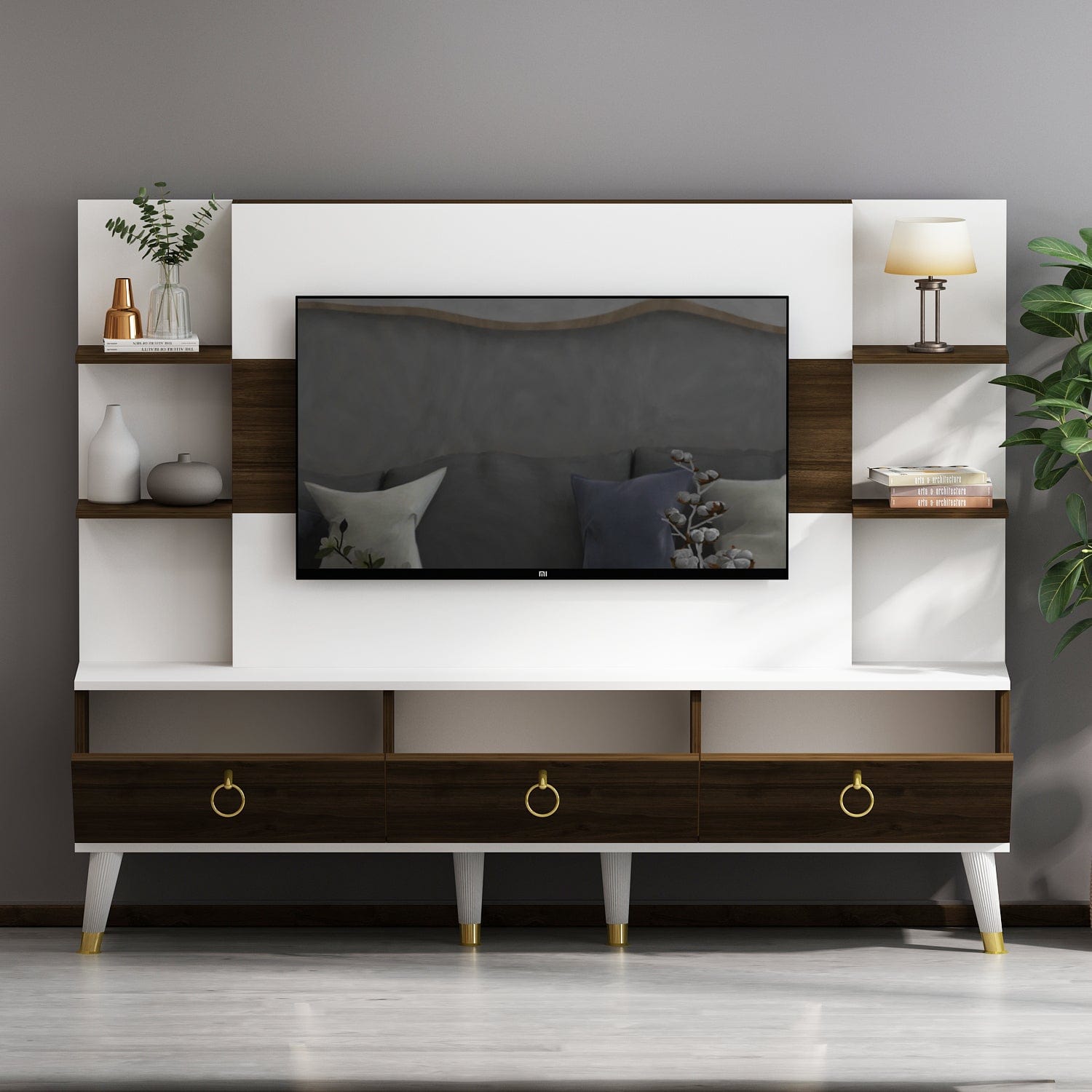 Comoda TV din pal cu 3 usi, Opus Nuc / Alb, l180xA35xH43 cm (3)