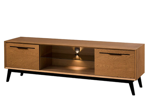 Szynaka Comoda TV din pal, furnir si lemn, cu 2 usi si LED inclus, Lazure 25 Stejar Rustic, l180xA42xH54 cm