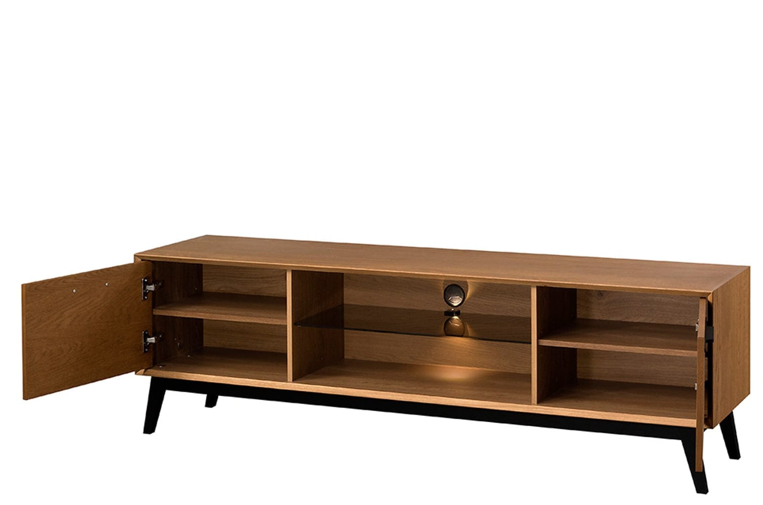 Szynaka Comoda TV din pal, furnir si lemn, cu 2 usi si LED inclus, Lazure 25 Stejar Rustic, l180xA42xH54 cm