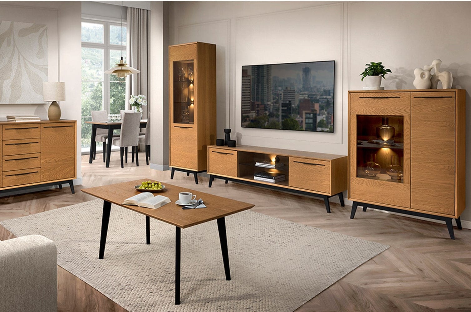 Szynaka Comoda TV din pal, furnir si lemn, cu 2 usi si LED inclus, Lazure 25 Stejar Rustic, l180xA42xH54 cm