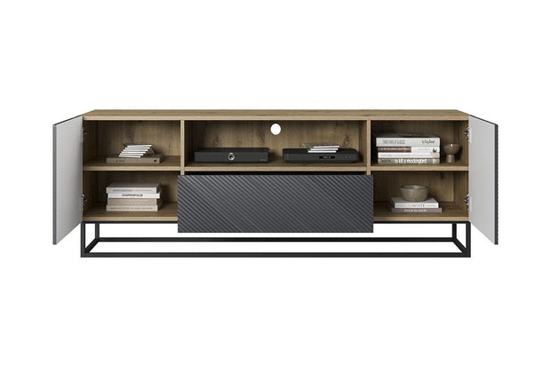 Bogart Comoda TV din pal, MDF si metal, cu 1 sertar si 2 usi, Asha 167-2D1SZ Antracit / Stejar Artisan / Negru, l167xA40xH60 cm