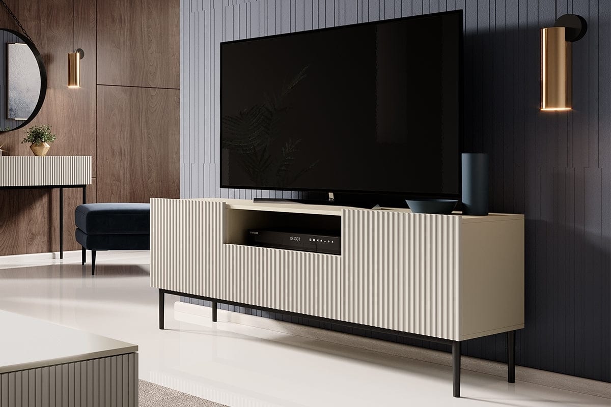 Comoda TV din pal, MDF si metal, cu 1 sertar si 2 usi, Nicole Tall RTV 150-2D1SZ Negru, l150xA45xH60 cm (1)