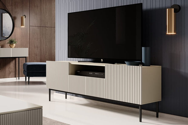 Comoda TV din pal, MDF si metal, cu 1 sertar si 2 usi, Nicole Tall RTV 150-2D1SZ Negru, l150xA45xH60 cm (1)