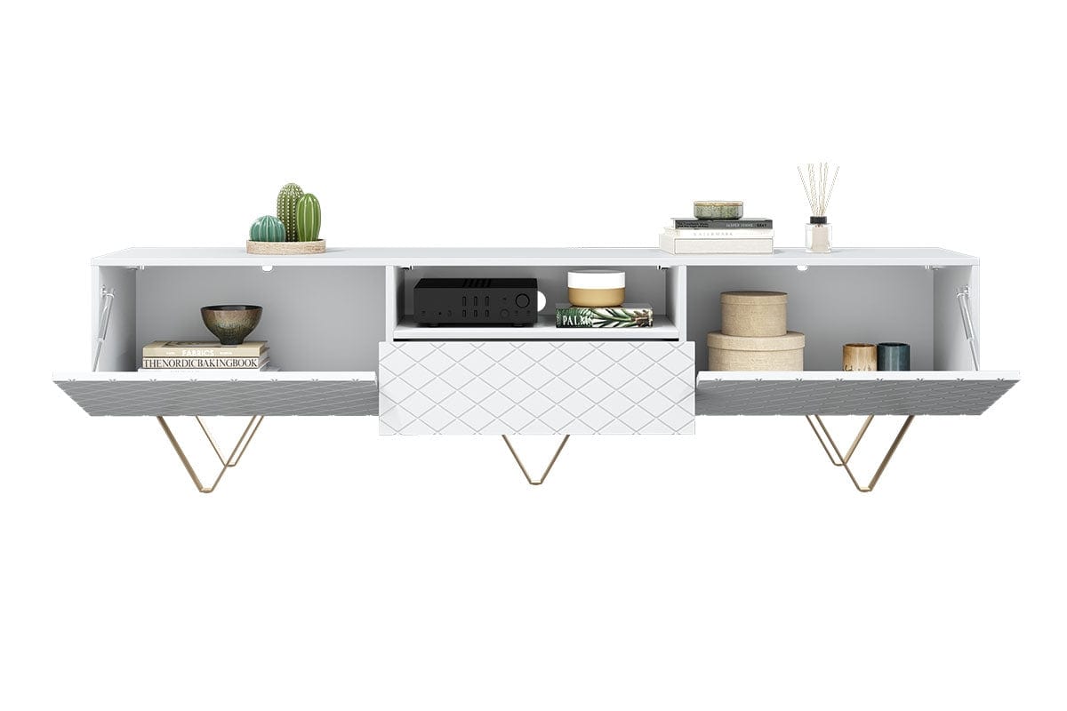 Bogart Comoda TV din pal, MDF si metal, cu 1 sertar si 2 usi, Scalia 190-2K1SZ Alb / Auriu, l190xA42xH51 cm