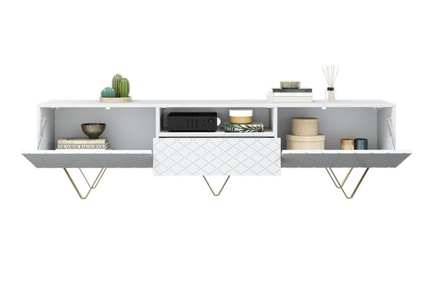 Bogart Comoda TV din pal, MDF si metal, cu 1 sertar si 2 usi, Scalia 190-2K1SZ Alb / Auriu, l190xA42xH51 cm