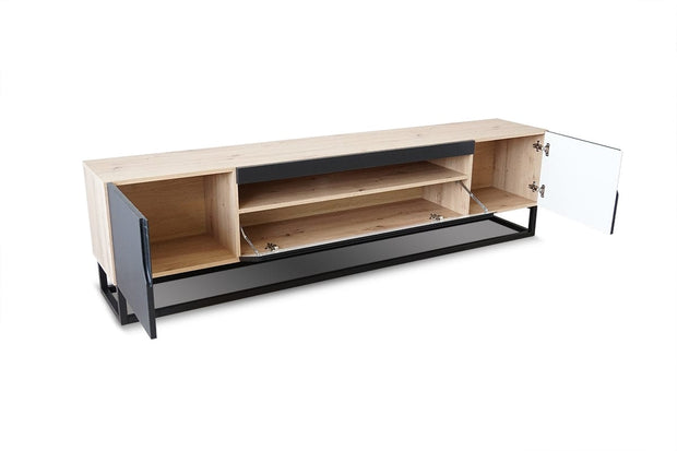 Bogart Comoda TV din pal, MDF si metal, cu 2 usi, Loftia 200-2D1K Negru / Stejar Artisan, l200xA37xH52 cm