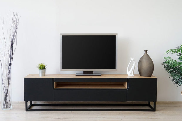 Bogart Comoda TV din pal, MDF si metal, cu 2 usi, Loftia 200-2D1K Negru / Stejar Artisan, l200xA37xH52 cm