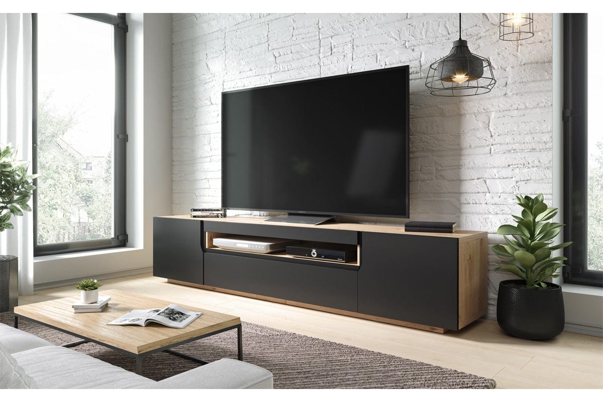 Bogart Comoda TV din pal si MDF, cu 2 usi, Loftia 200-2D1K Negru / Stejar Artisan, l200xA37xH41 cm