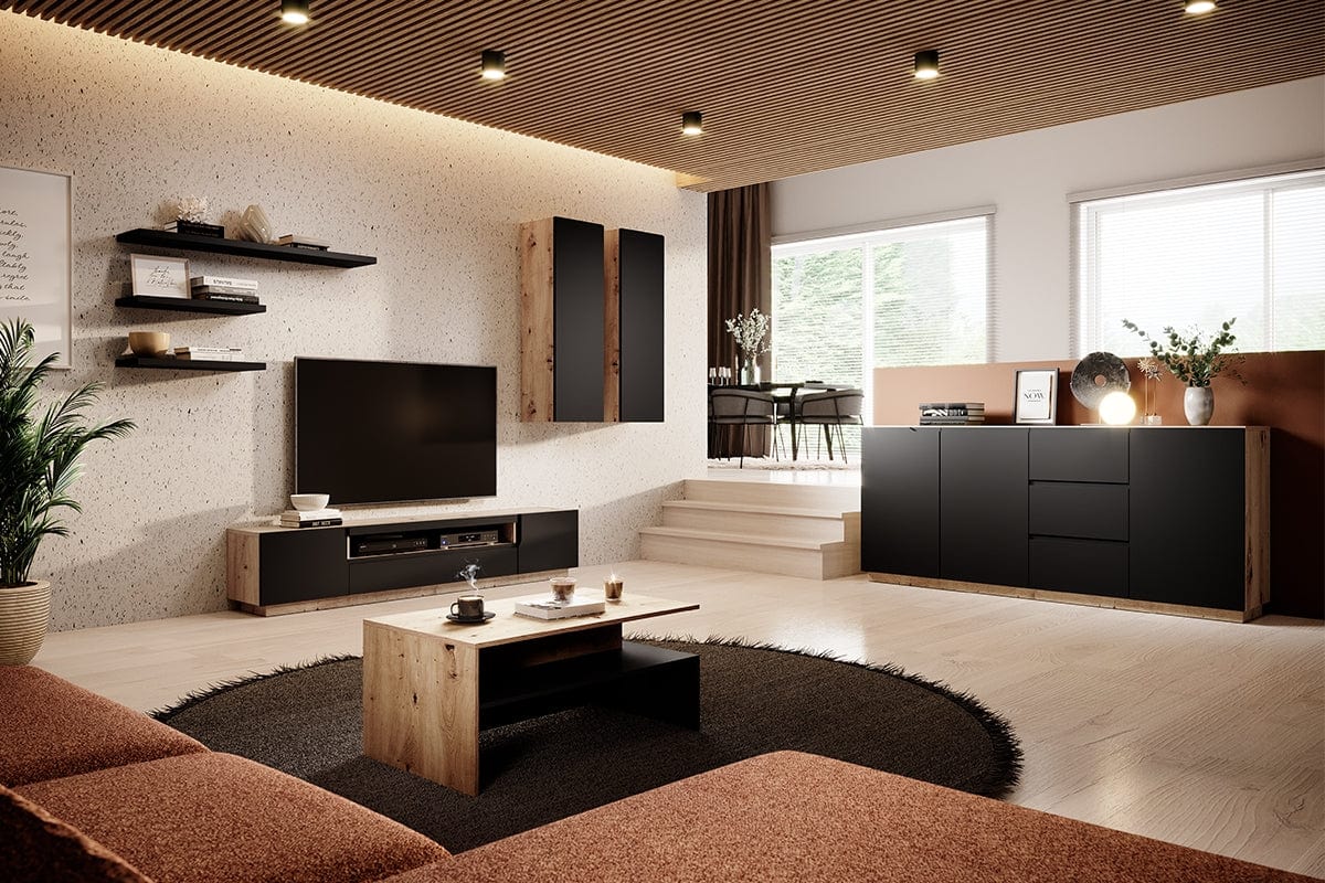 Bogart Comoda TV din pal si MDF, cu 2 usi, Loftia 200-2D1K Negru / Stejar Artisan, l200xA37xH41 cm