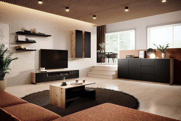 Bogart Comoda TV din pal si MDF, cu 2 usi, Loftia 200-2D1K Negru / Stejar Artisan, l200xA37xH41 cm