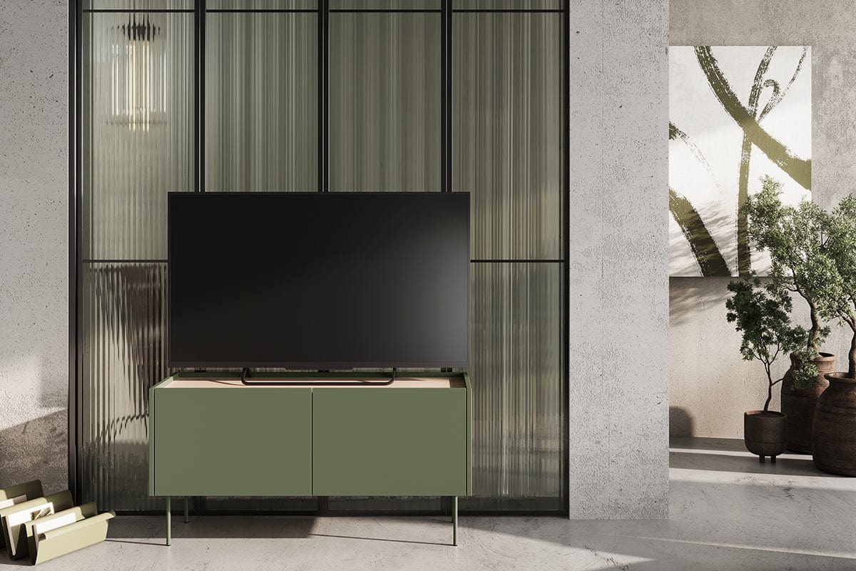 Bogart Comoda TV din pal si metal, cu 1 sertar si 2 usi, Desin 120-2D1SZ Verde Olive, l120xA40xH60 cm