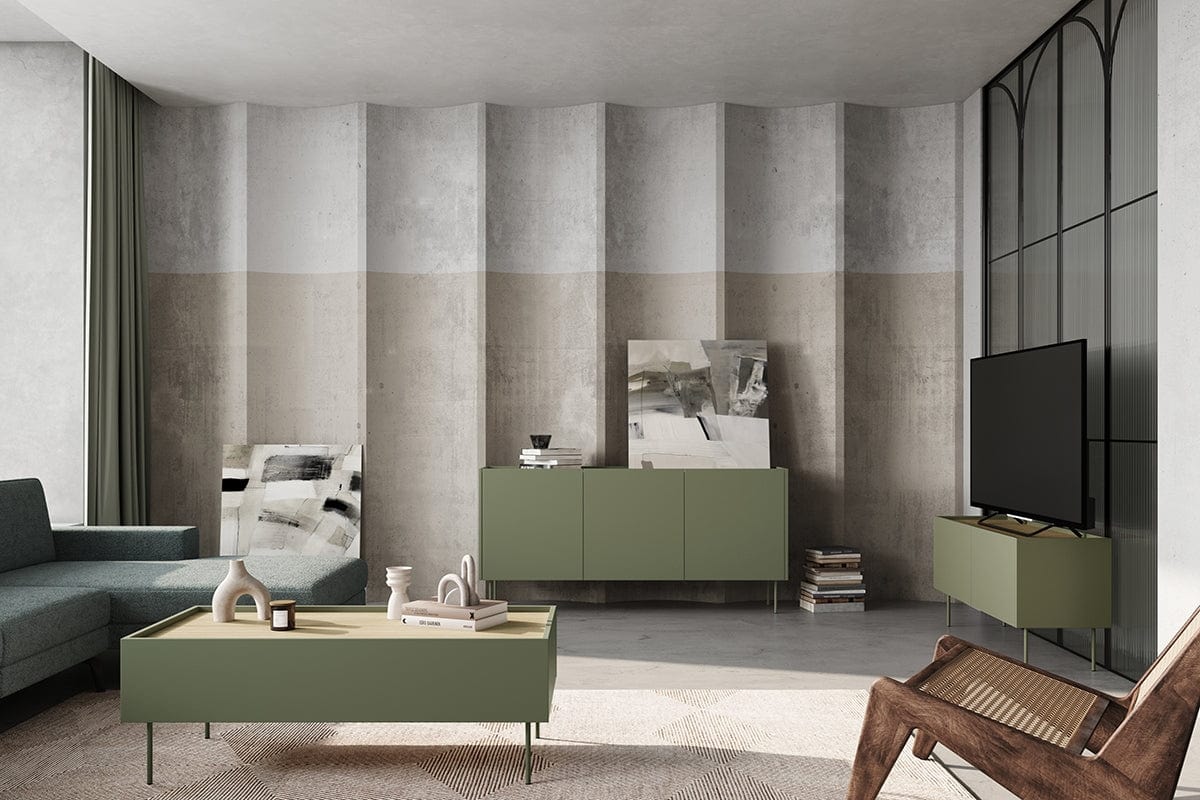 Bogart Comoda TV din pal si metal, cu 1 sertar si 2 usi, Desin 120-2D1SZ Verde Olive, l120xA40xH60 cm