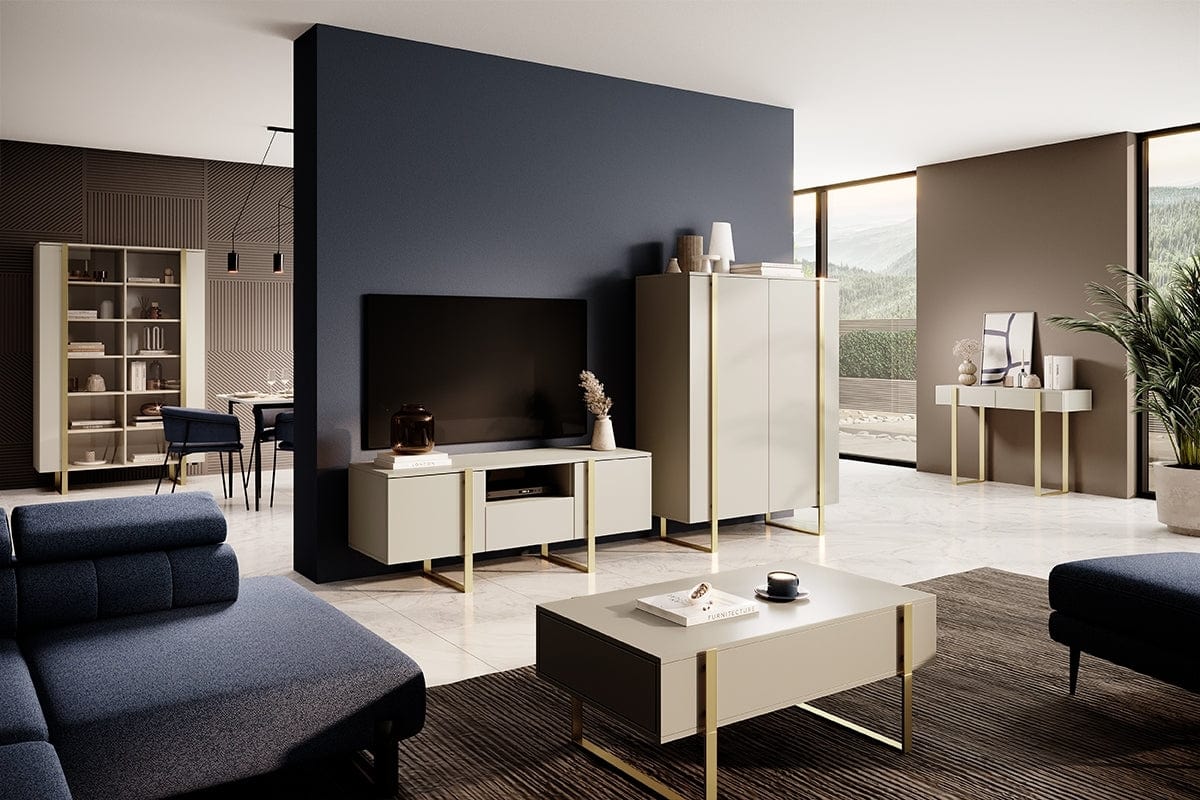 Comoda TV din pal si metal, cu 1 sertar si 2 usi, Verica RTV 150-2D1SZ Crem / Auriu, l150xA45xH57 cm (2)