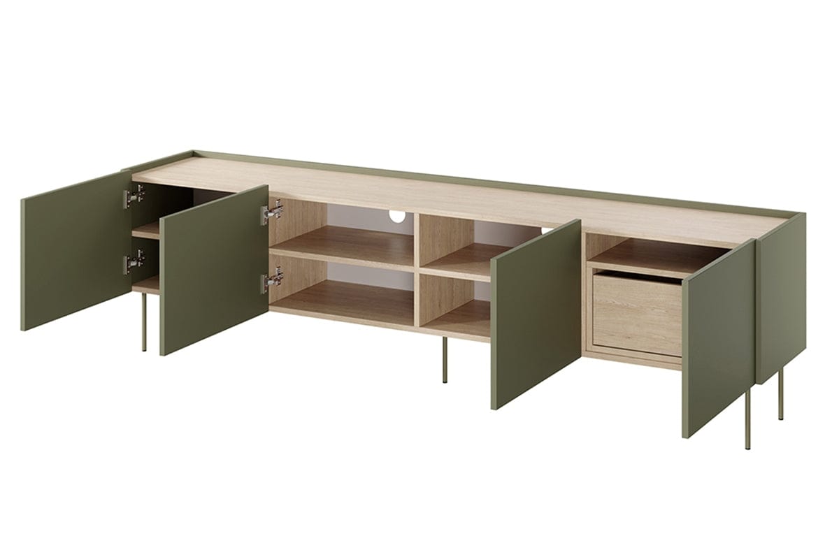Bogart Comoda TV din pal si metal, cu 1 sertar si 4 usi, Desin 220-4D1SZ Verde Olive, l220xA40xH60 cm