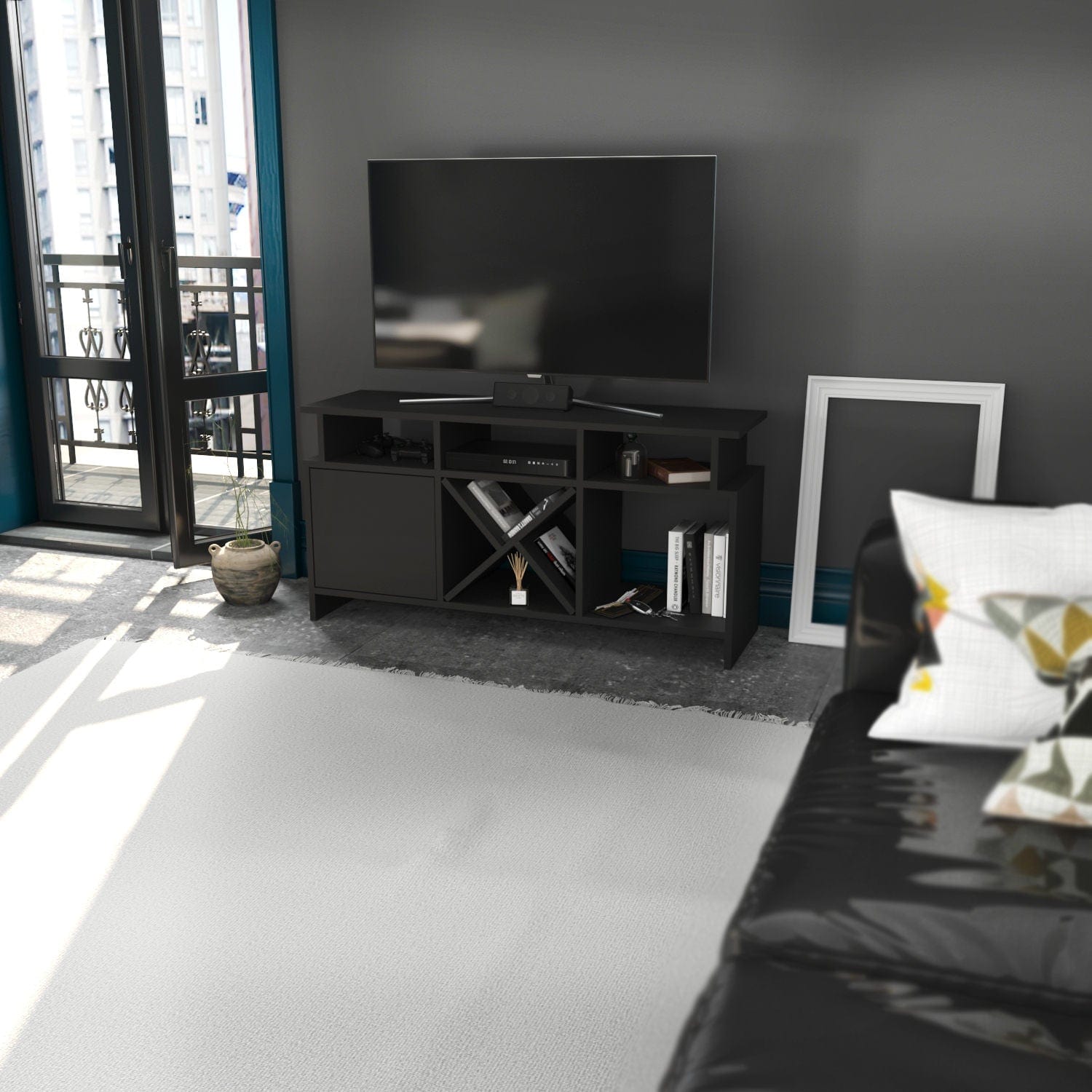 Comoda TV din pal si metal, cu 1 usa, Auburn Antracit, l120xA60,6xH29,9 cm (3)