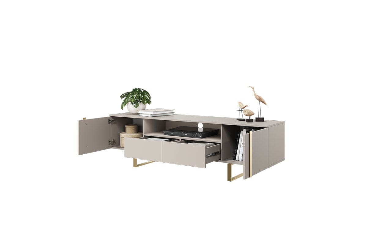 Bogart Comoda TV din pal si metal, cu 2 sertare si 2 usi, Verica 200-2D2SZ Crem / Auriu, l200xA45xH57 cm