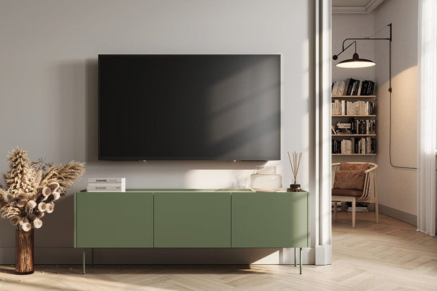 Bogart Comoda TV din pal si metal, cu 2 sertare si 3 usi, Desin 170-3D2SZ Verde Olive, l170xA40xH60 cm