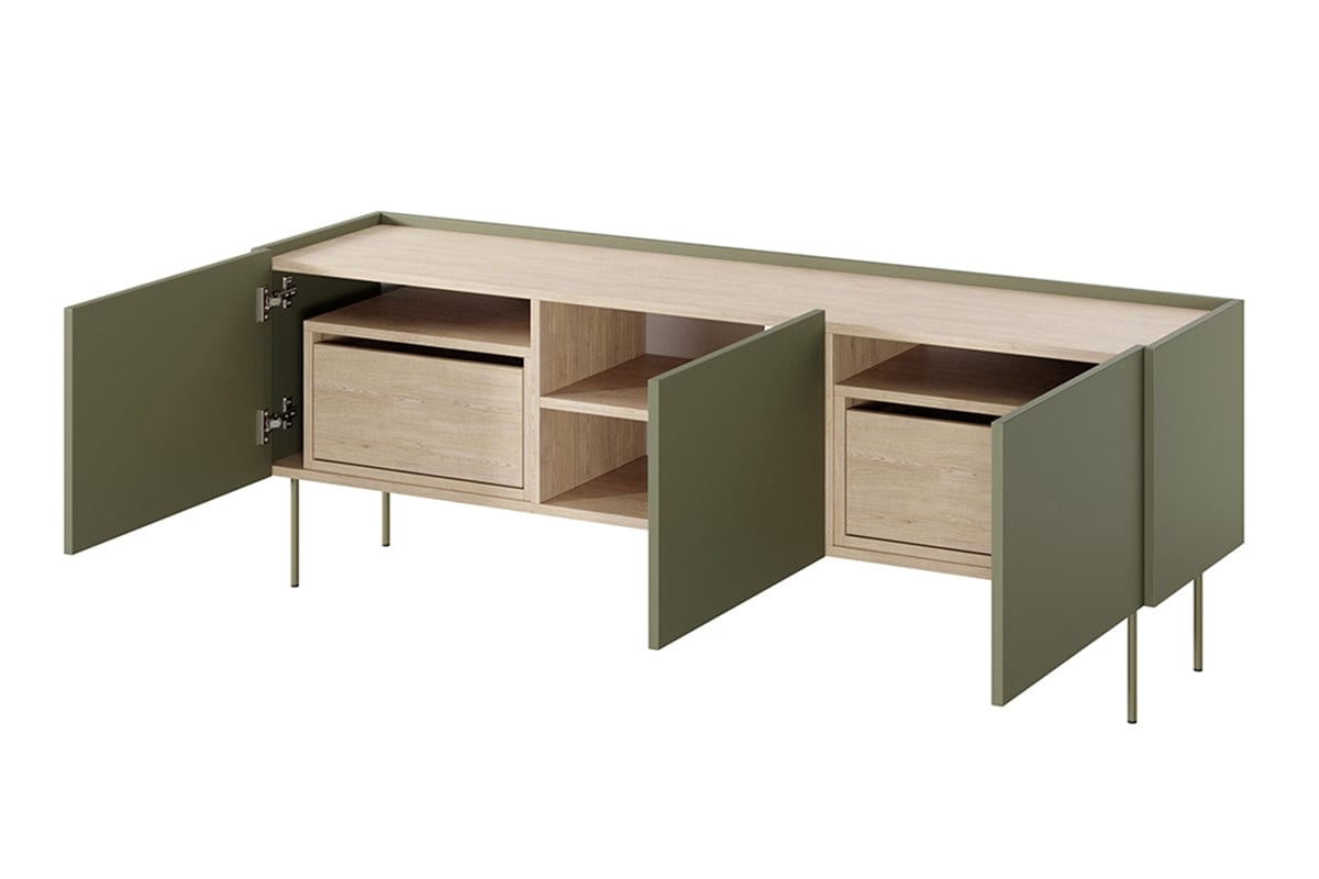 Bogart Comoda TV din pal si metal, cu 2 sertare si 3 usi, Desin 170-3D2SZ Verde Olive, l170xA40xH60 cm