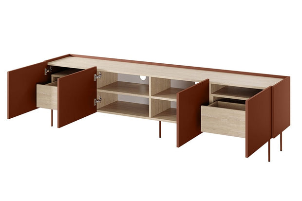 Bogart Comoda TV din pal si metal, cu 2 sertare si 4 usi, Desin 220-4D2SZ Caramiziu, l220xA40xH60 cm