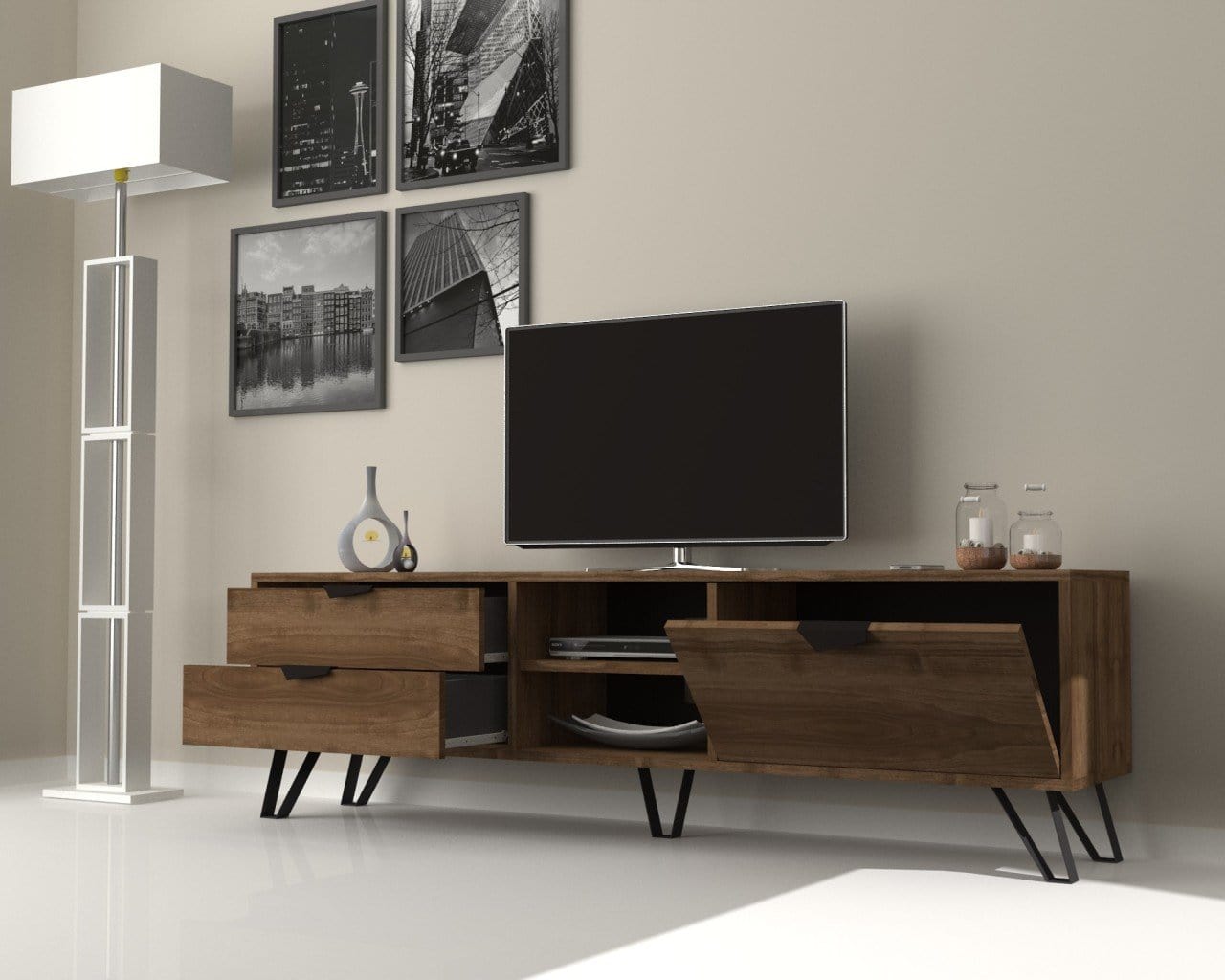 Comoda TV din pal si metal cu 2 usi, Jasmine Nuc / Negru, l170xA35xH50 cm (1)