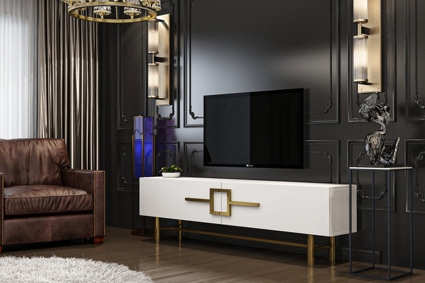 Comoda TV din pal si metal cu 2 usi, Parisbeyaz Alb / Nuc, l150xA31,4xH50 cm (1)