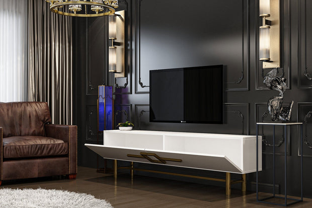 Comoda TV din pal si metal cu 2 usi, Parisbeyaz Alb / Nuc, l150xA31,4xH50 cm (2)