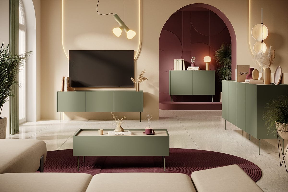 Bogart Comoda TV din pal si metal, cu 3 usi, Desin 170-3D Verde Olive, l170xA40xH60 cm