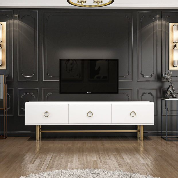 Comoda TV din pal si metal cu 3 usi, Remlinbeyaz Alb / Nuc, l150xA30xH50 cm (2)